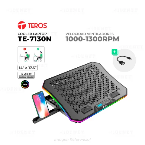 COOLER PARA LAPTOPS DE 9 A 17.3 TEROS TE-7130N CON PORTACELULAR RGB