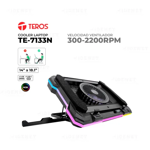 COOLER PARA LAPTOPS DE 9 A 18 TEROS TE-7133N CON PORTACELULAR RGB